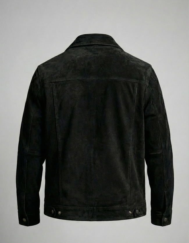 Men’s Black Genuine Leather Trucker Jacket – Classic Button Style Main Image
