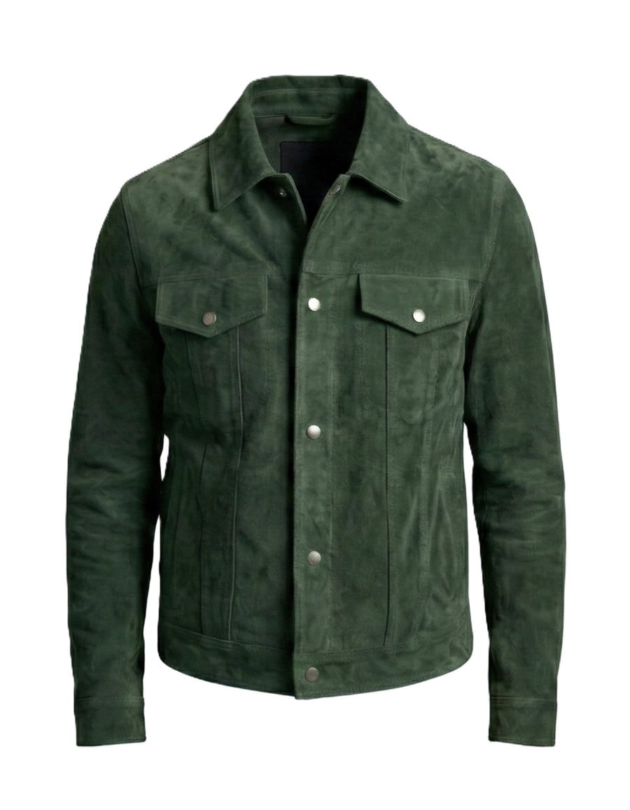 Premium Green Suede Leather Jacket for Men – Classic Trucker Style