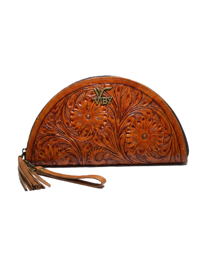 Handcrafted Tan Brown Tooled Leather Wristlet Clutch for Women Hover Image