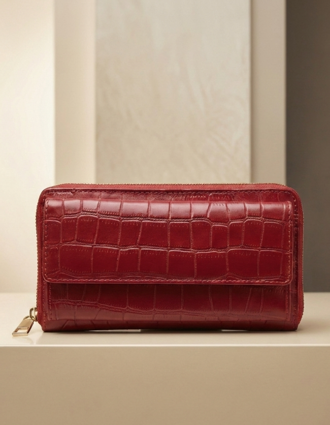 Women’s Croc-Embossed Leather Zip Wallet – Maroon Main Image