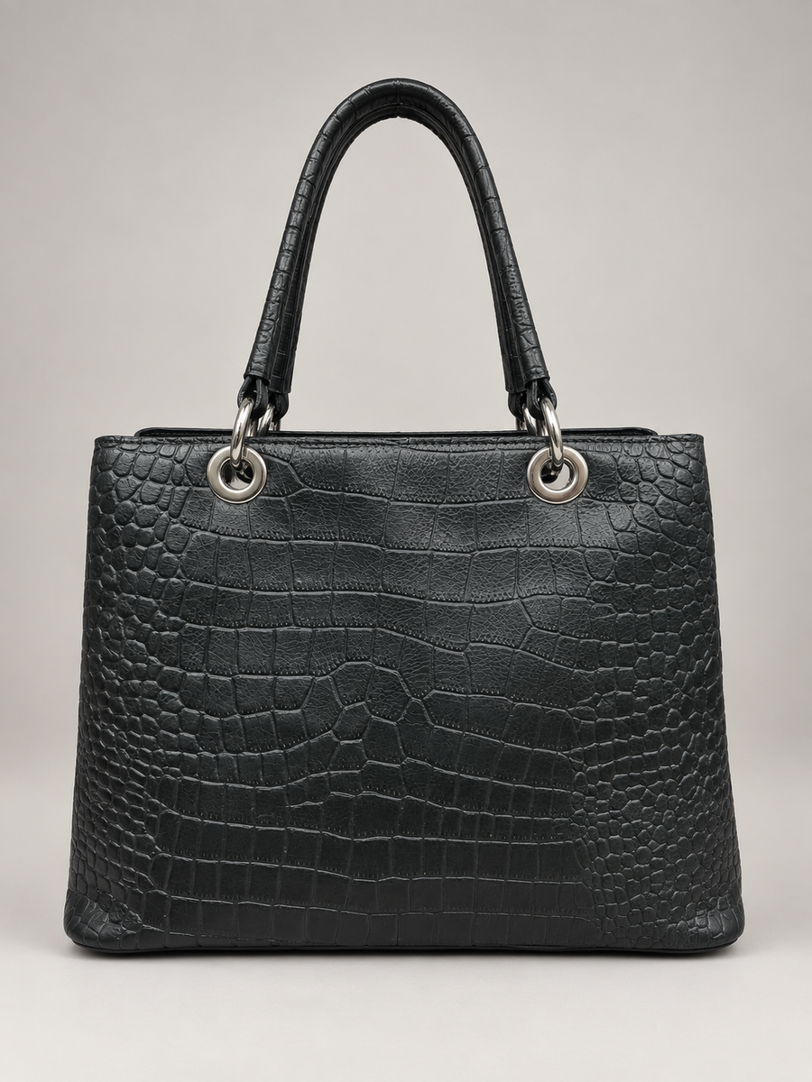 Women Black Croc Texture Handbag