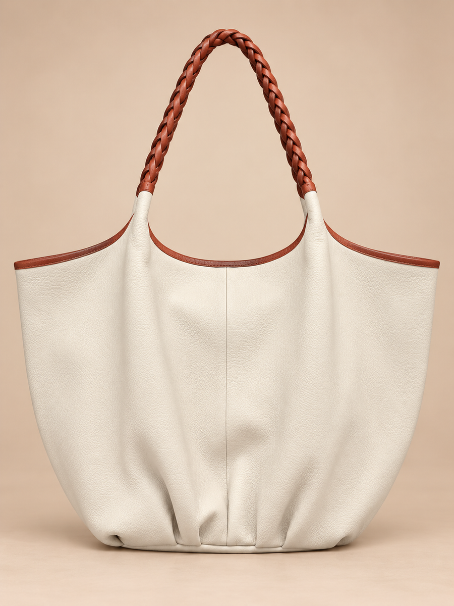 Braided Leather Tote Bag BROWN AND WHITE