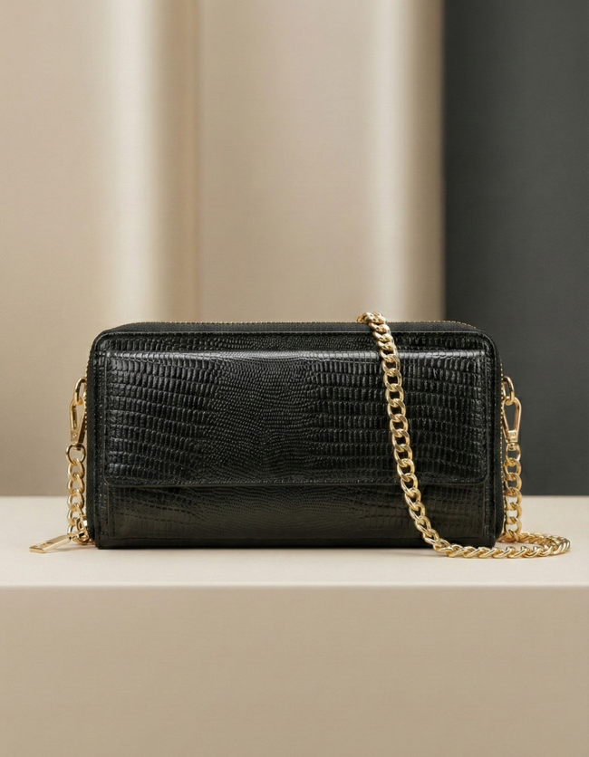 Women’s Black Croc-Embossed Leather Zip Wallet with Chain Strap Main Image