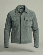 Premium Grey-Green Suede Leather Jacket for Men – Classic Trucker Style