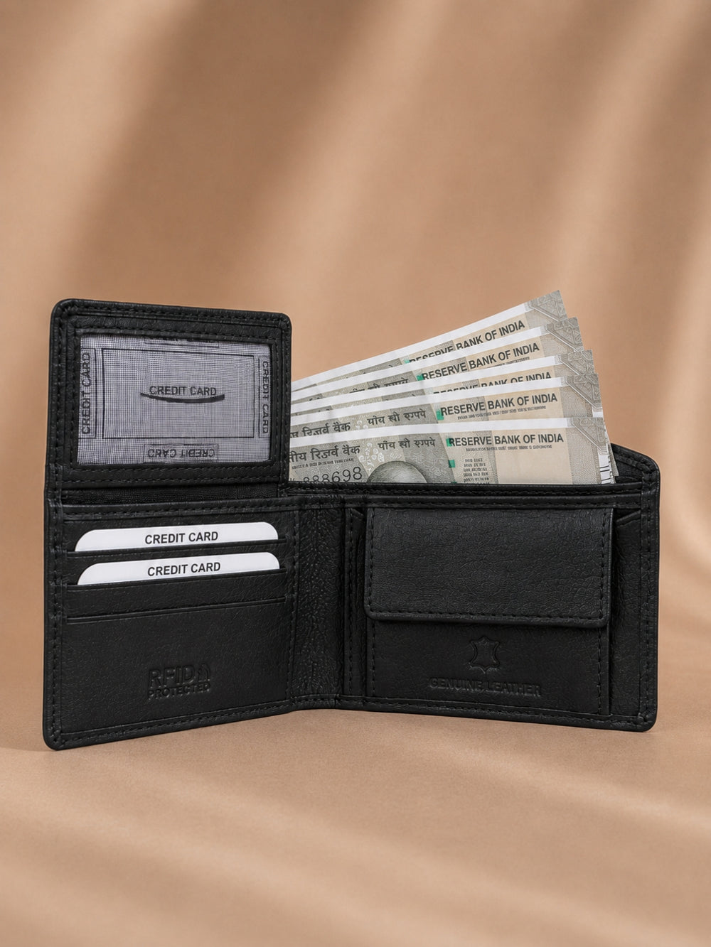 Twin Stich Goat Leather wallet black  straight line 