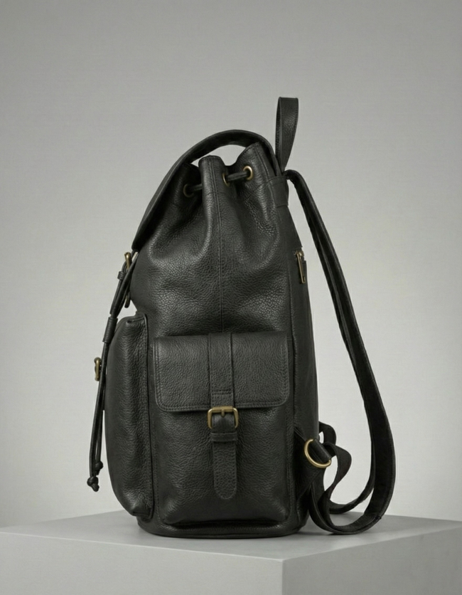Unisex Black Genuine Leather Backpack with Front Pockets Main Image