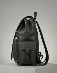 Unisex Black Leather Backpack with Front Pockets