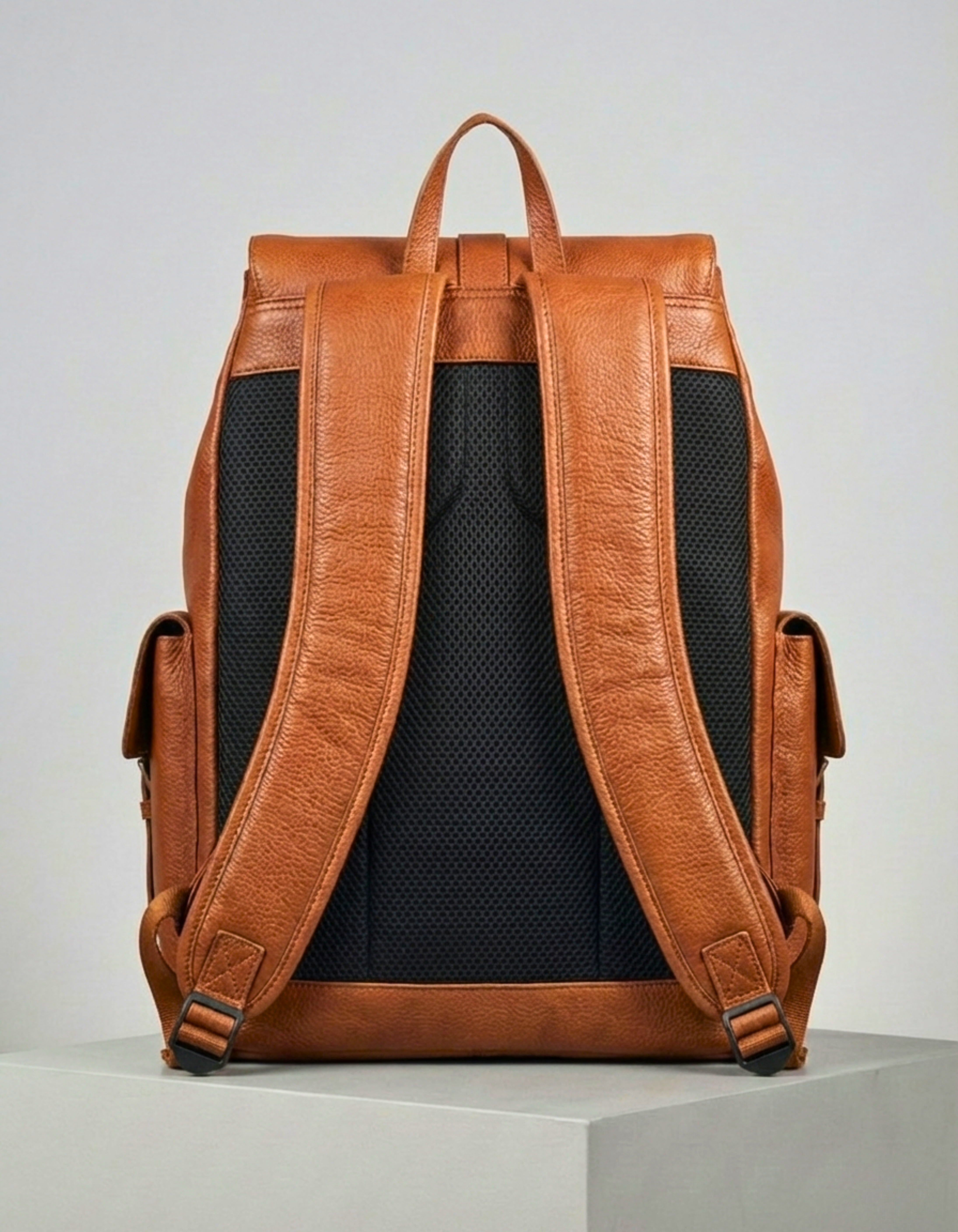 Tan Brown Genuine Leather Drawstring Backpack with Front Pockets
