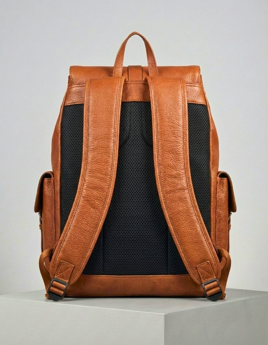 Tan Brown Genuine Leather Drawstring Backpack with Front Pockets