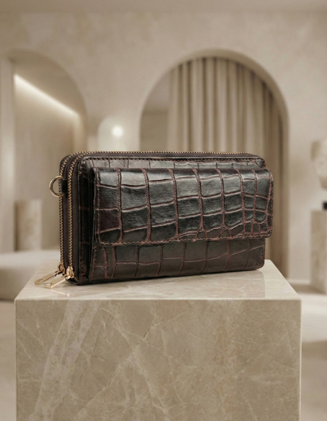 Women’s Dark Brown Croc-Embossed Leather Zip Wallet Clutch Main Image