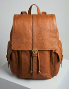 Tan Brown Genuine Leather Drawstring Backpack with Front Pockets