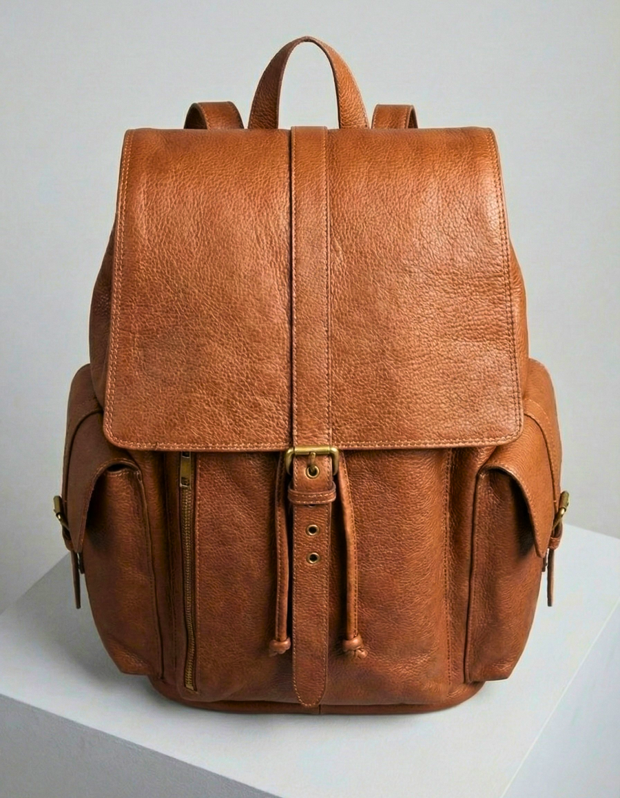 Tan Brown Genuine Leather Drawstring Backpack with Front Pockets