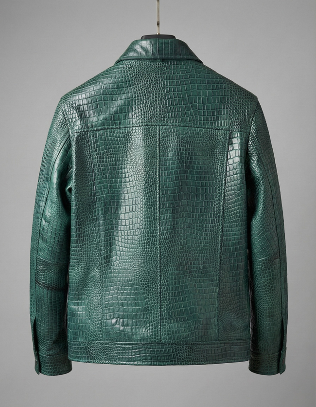 Premium Green Crocodile Texture Leather Jacket for Men Main Image