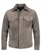 Premium Stone Grey Suede Leather Jacket for Men – Classic Trucker Style