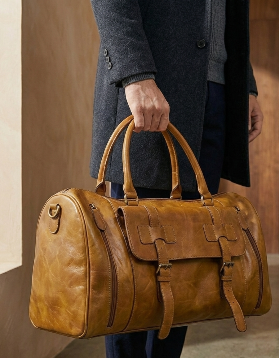 Premium Leather Duffel Bag for Travel – Brown