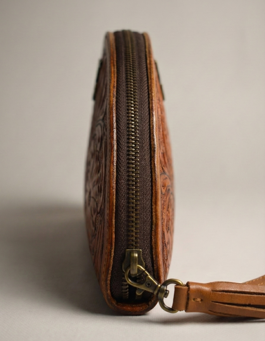 Handcrafted Tan Brown Tooled Leather Wristlet Clutch for Women