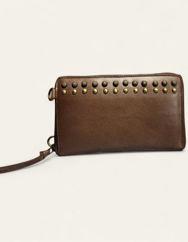 Women’s Brown Leather Zip Wallet with Stud Detailing Hover Image