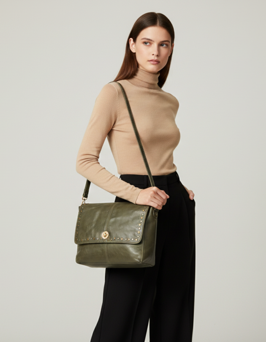 Premium Genuine Leather Sling Bag – Olive Green Crossbody Bag