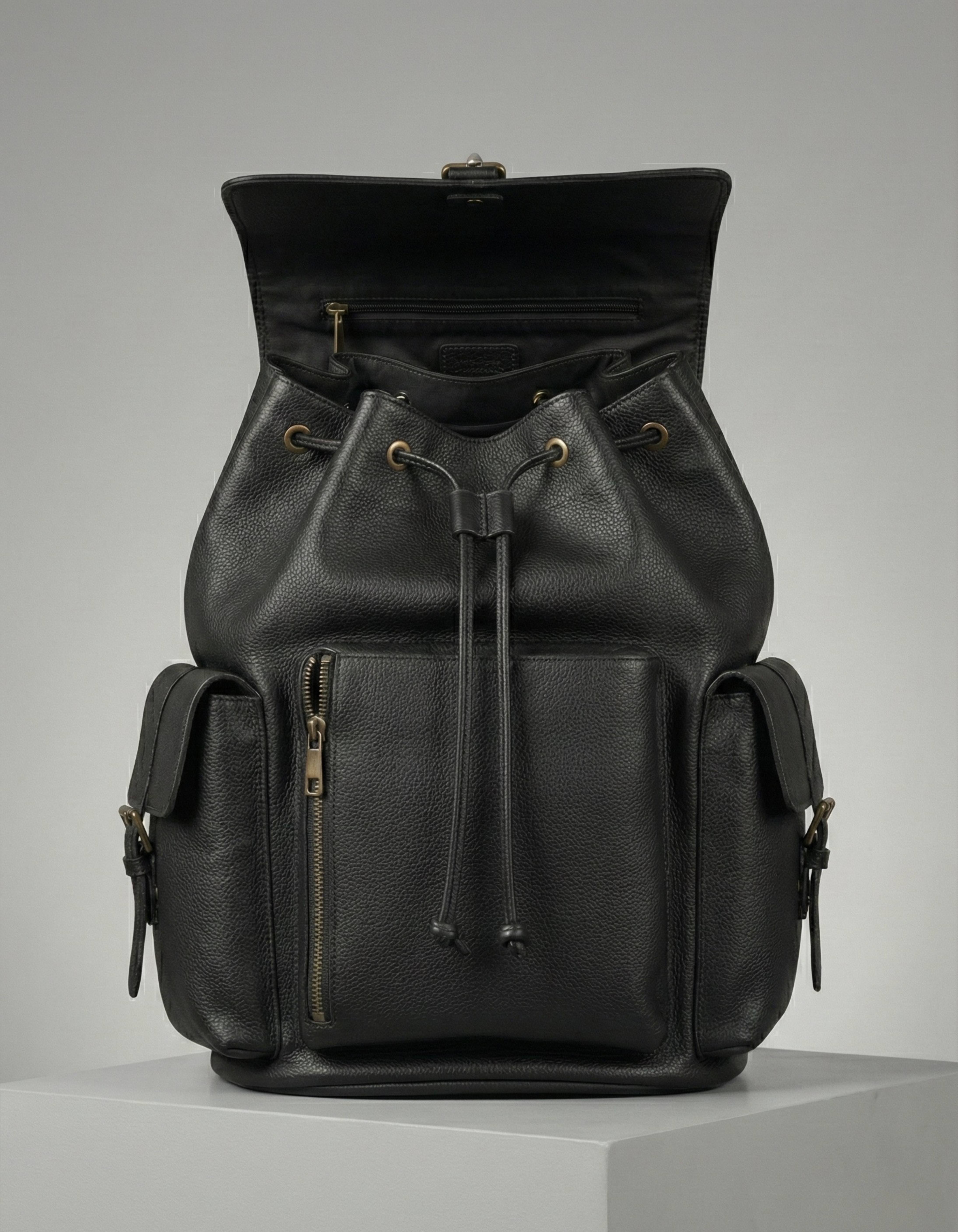 Unisex Black Leather Backpack with Front Pockets
