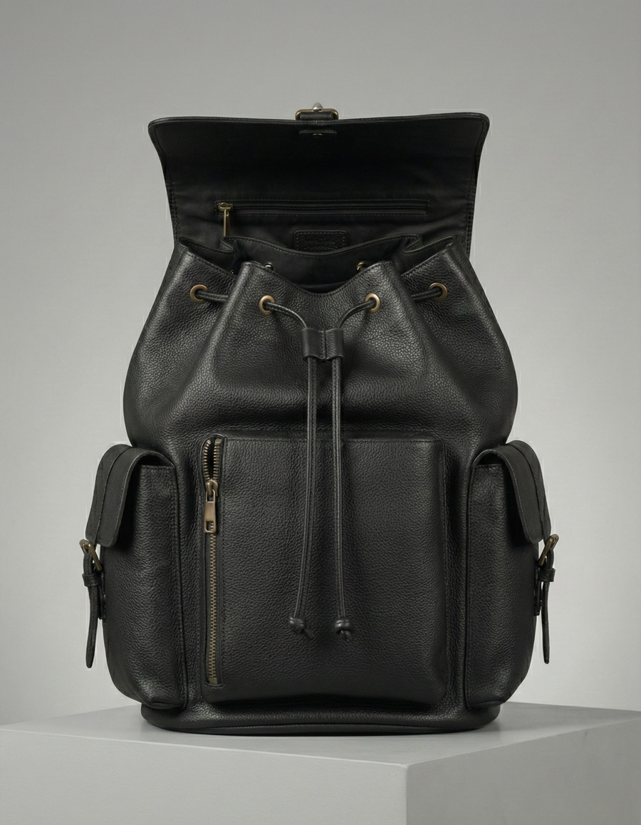 Unisex Black Leather Backpack with Front Pockets