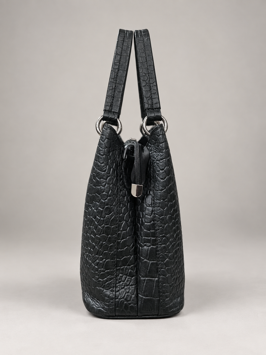 Women Black Croc Texture Handbag