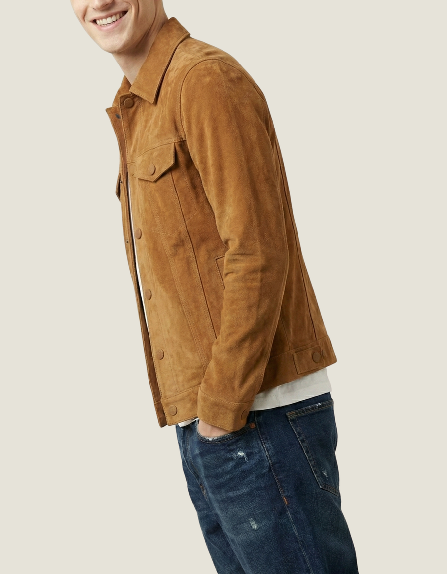 Men’s Tan Suede Leather Jacket – Premium Trucker Style