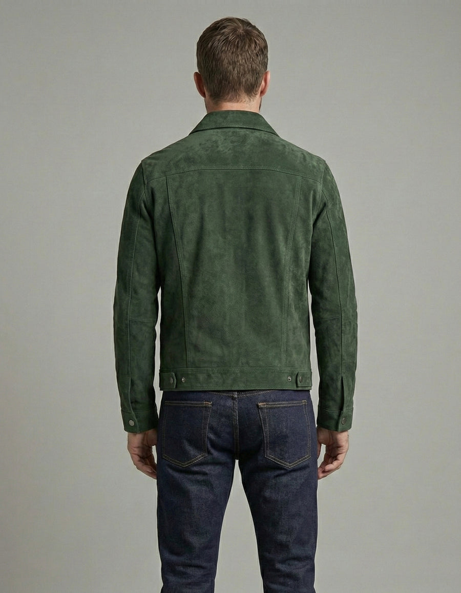 Premium Green Suede Leather Jacket for Men – Classic Trucker Style