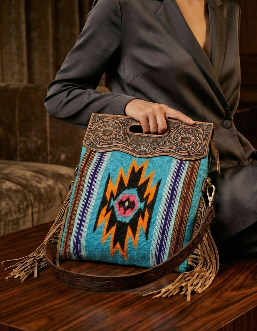 Leather Tribal Woven Fringe Tote Bag