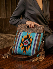 Artisan Handtooled Leather Tribal Woven Fringe Tote Bag – Turquoise