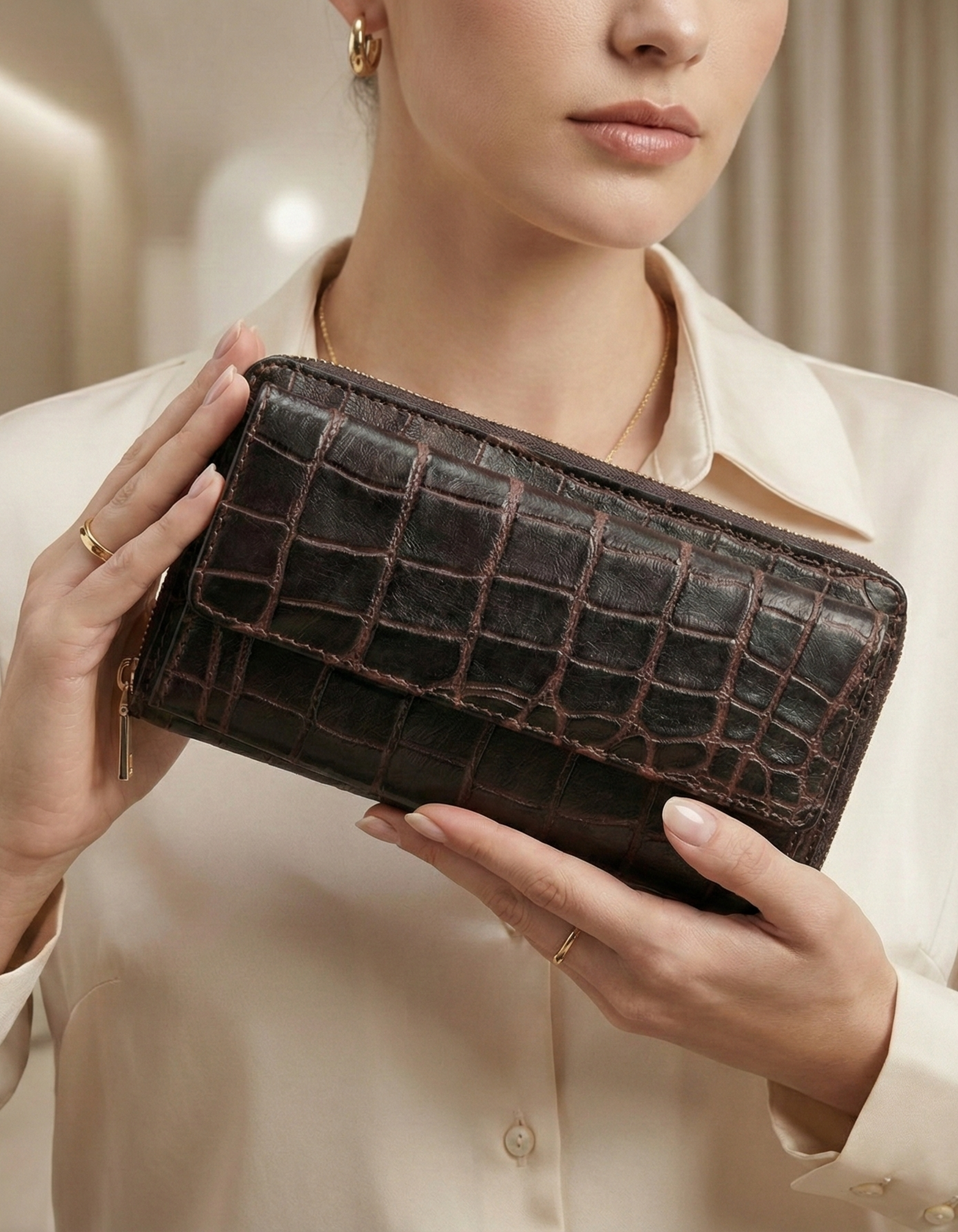 Women’s Dark Brown Croc-Embossed Leather Zip Wallet Clutch