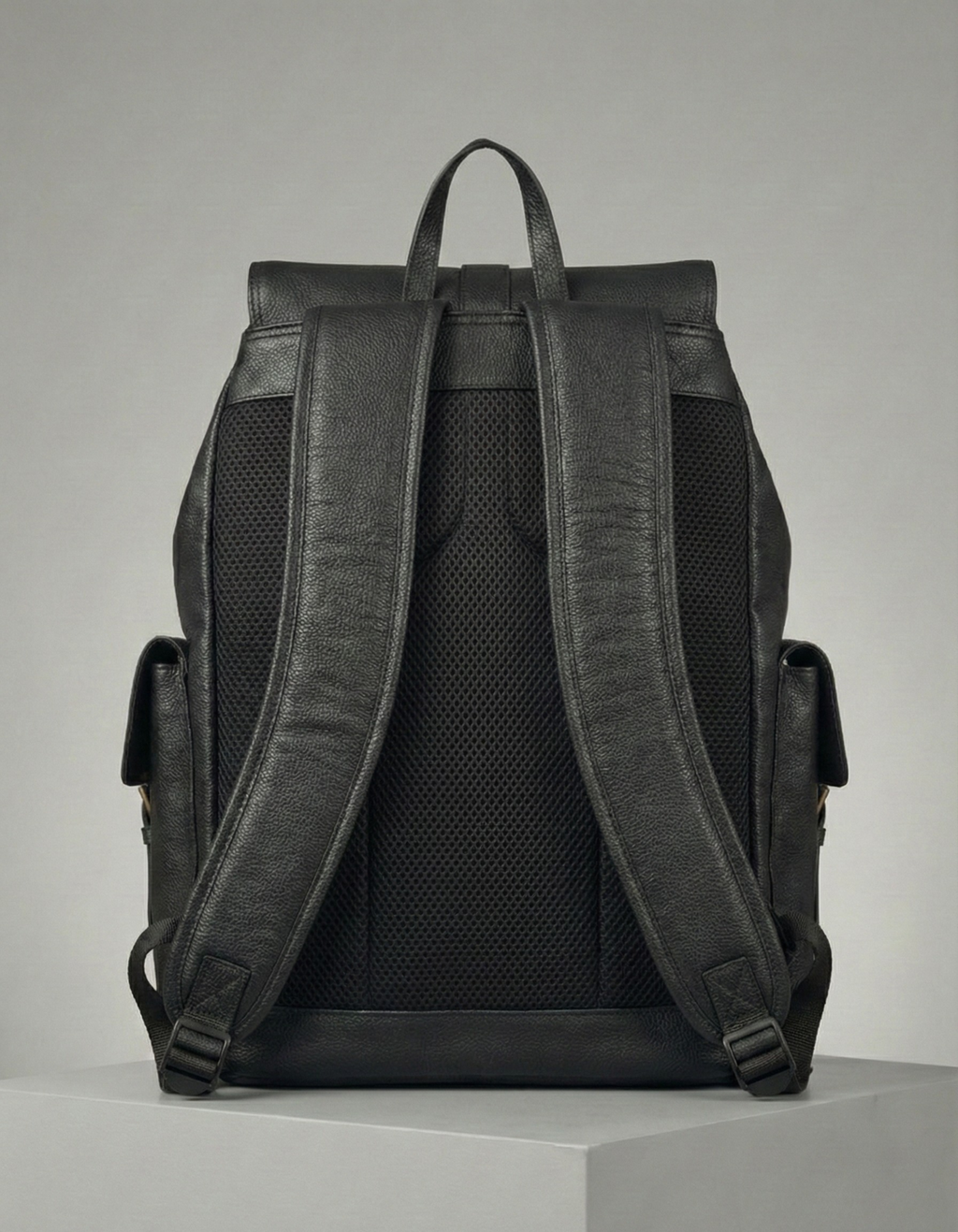 Unisex Black Genuine Leather Backpack with Front Pockets