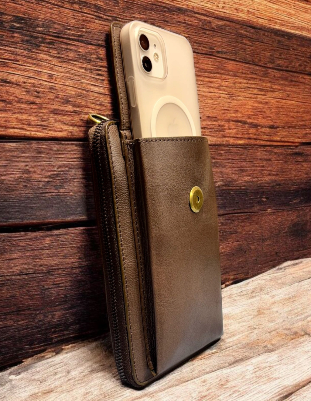 Women’s Brown Leather Zip Wallet with Stud Detailing