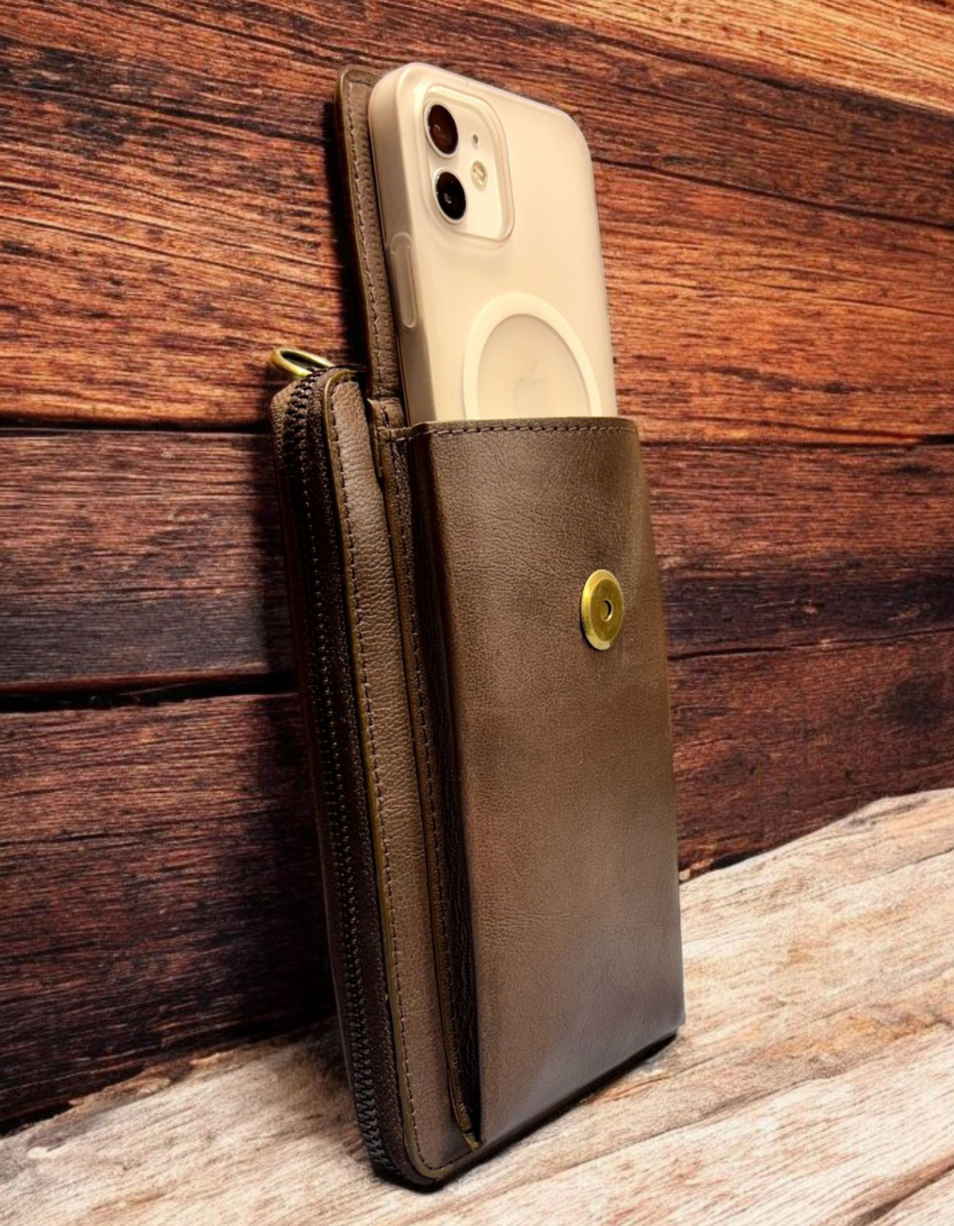 Women’s Brown Leather Zip Wallet with Stud Detailing