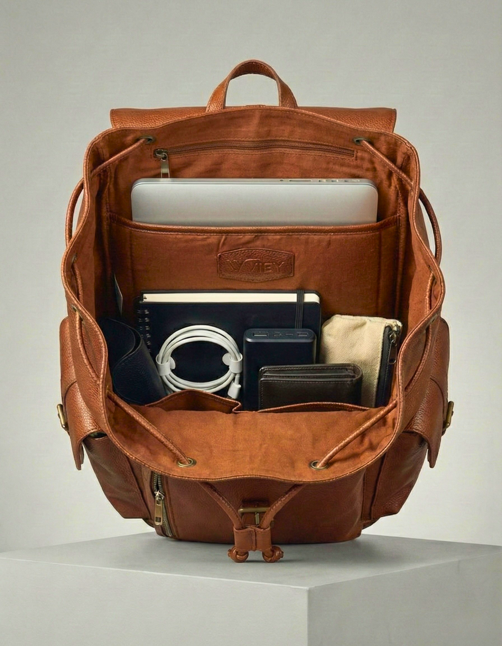 Tan Brown Genuine Leather Drawstring Backpack with Front Pockets