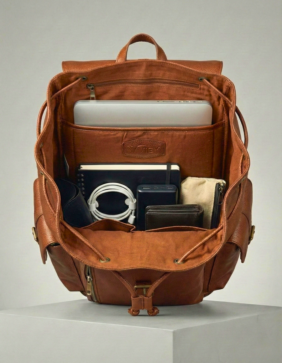 Tan Brown Genuine Leather Drawstring Backpack with Front Pockets