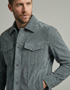 Premium Grey-Green Suede Leather Jacket for Men – Classic Trucker Style