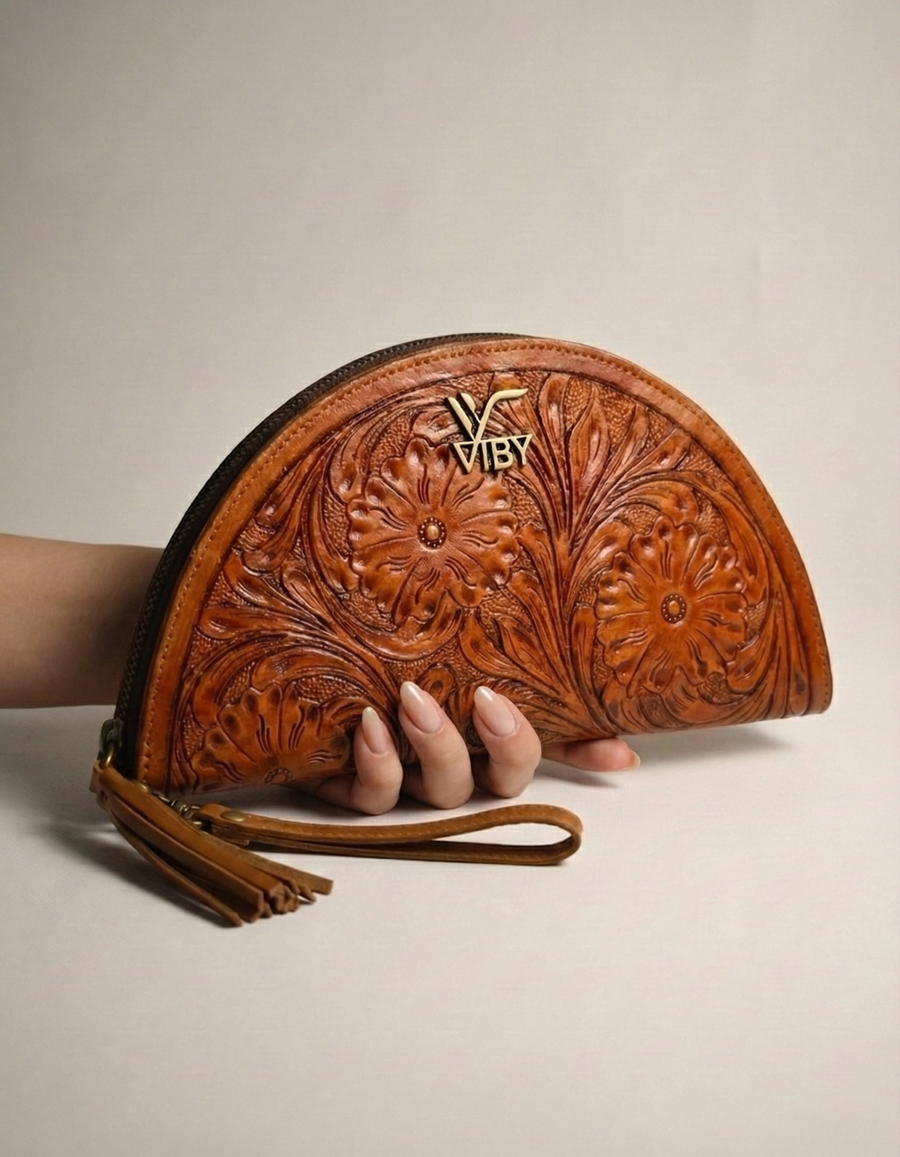 Handcrafted Tan Brown Tooled Leather Wristlet Clutch for Women