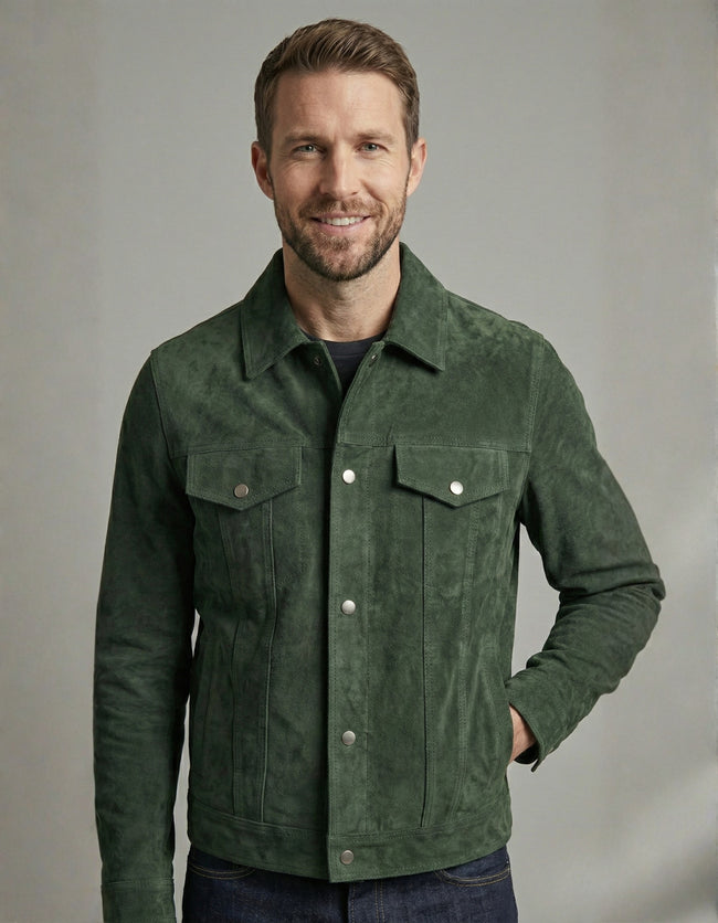 Premium Green Suede Leather Jacket for Men – Classic Trucker Style Main Image