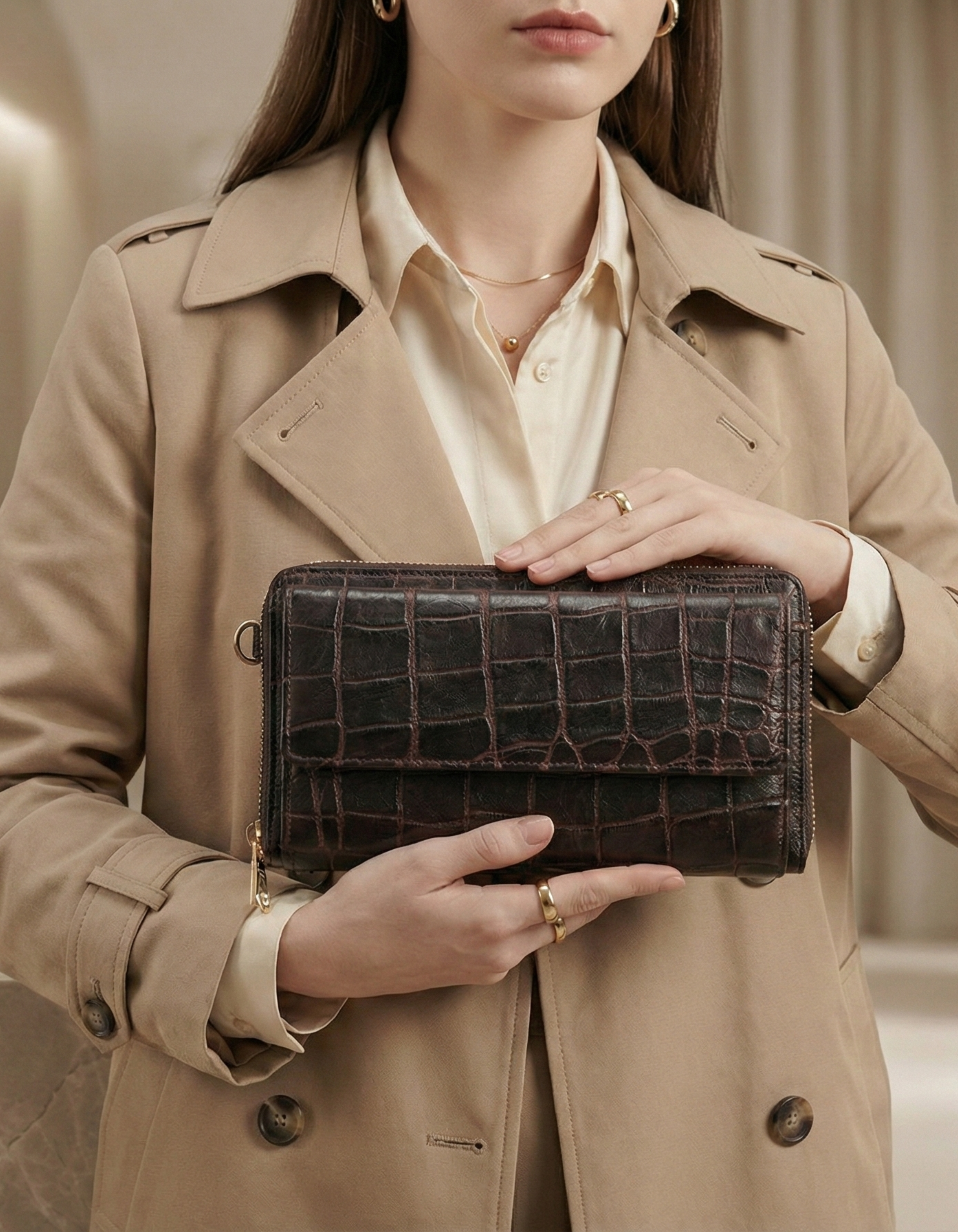 Women’s Dark Brown Croc-Embossed Leather Zip Wallet Clutch