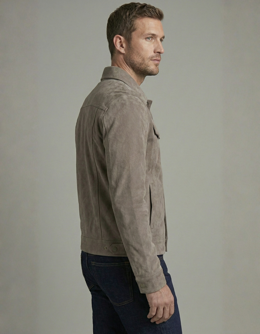 Premium Stone Grey Suede Leather Jacket for Men – Classic Trucker Style