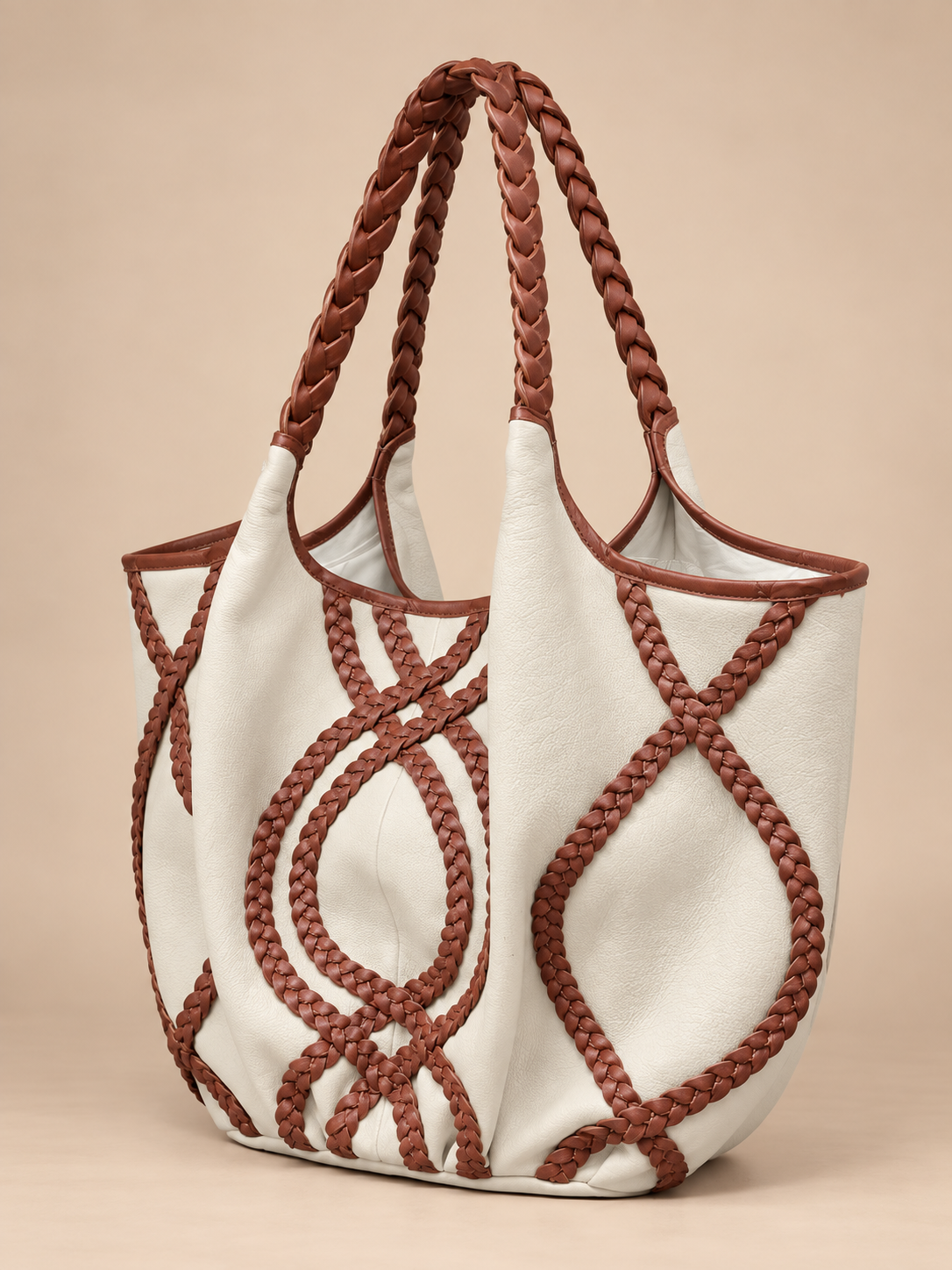Braided Leather Tote Bag BROWN AND WHITE
