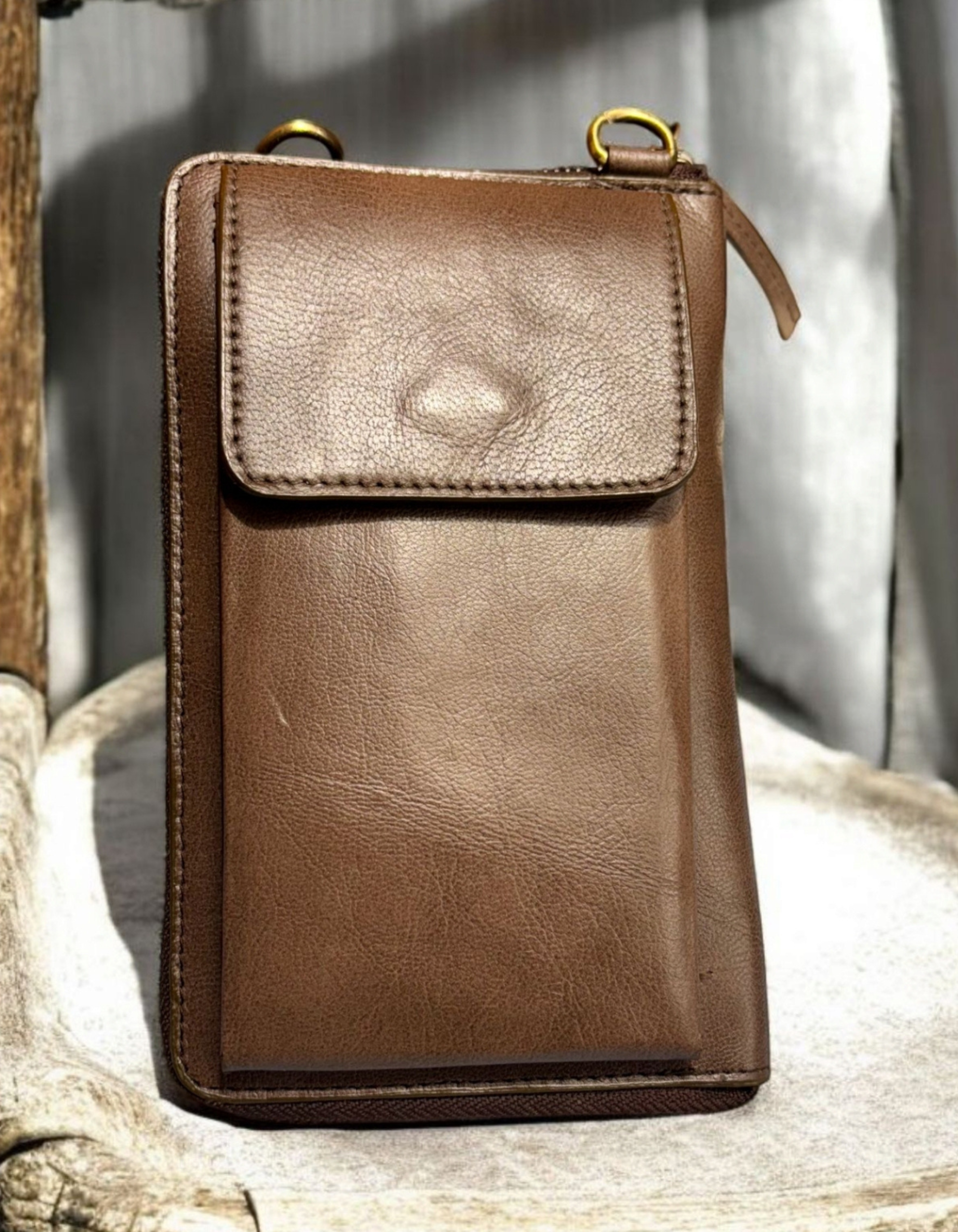 Women’s Brown Leather Zip Wallet with Stud Detailing
