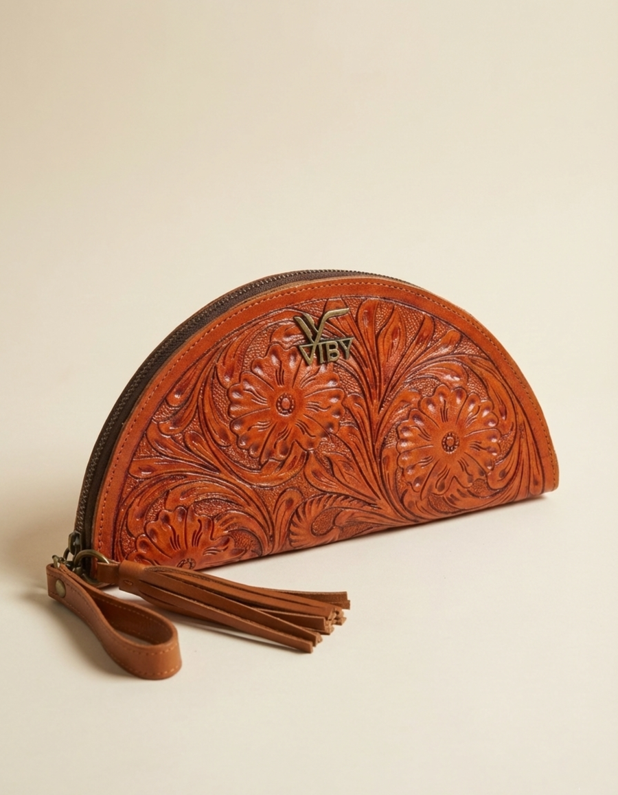 Handcrafted Tan Brown Tooled Leather Wristlet Clutch for Women