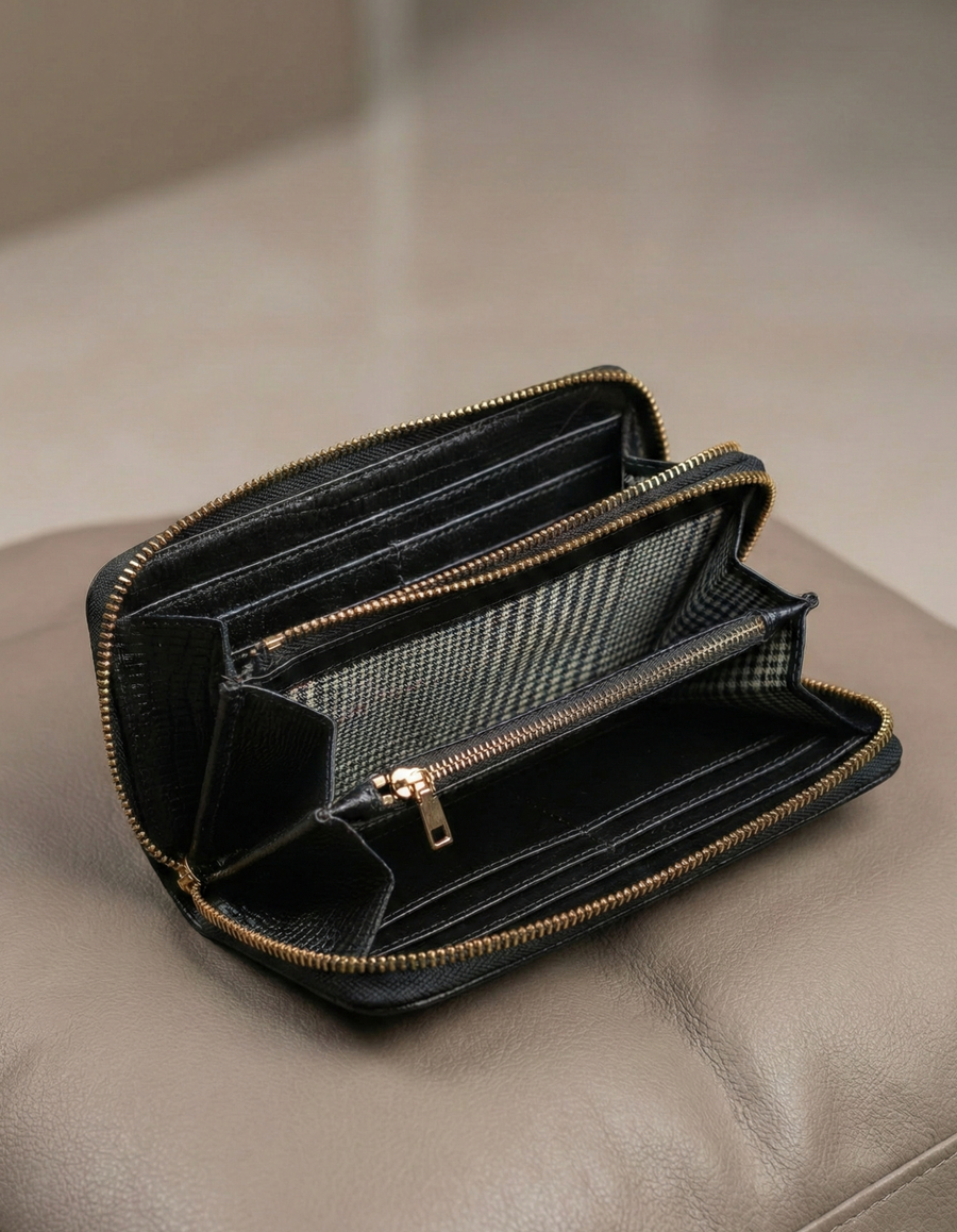 Women’s Black Croc-Embossed Leather Zip Wallet with Chain Strap