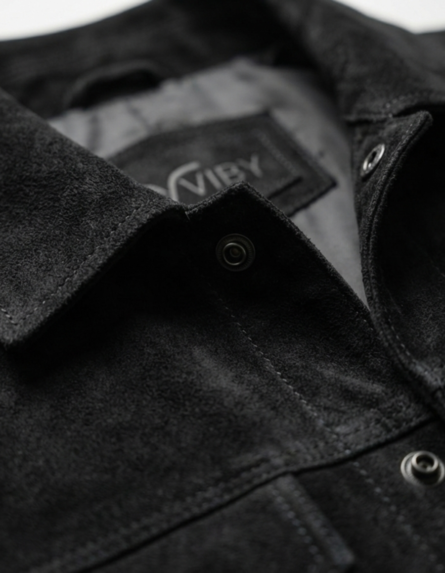 Men’s Black Leather Trucker Jacket – Classic Button Style