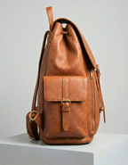 Tan Brown Genuine Leather Drawstring Backpack with Front Pockets