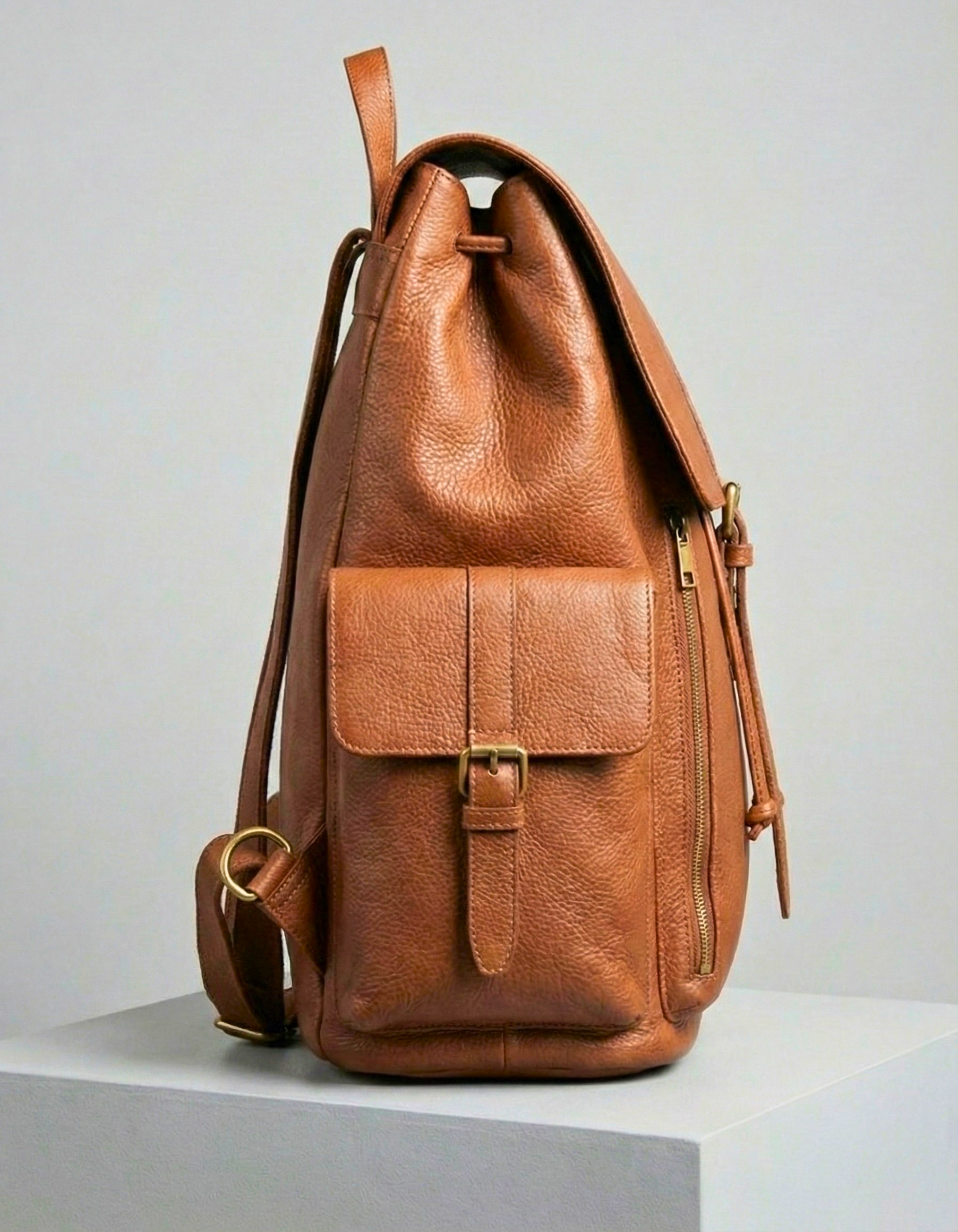 Tan Brown Genuine Leather Drawstring Backpack with Front Pockets