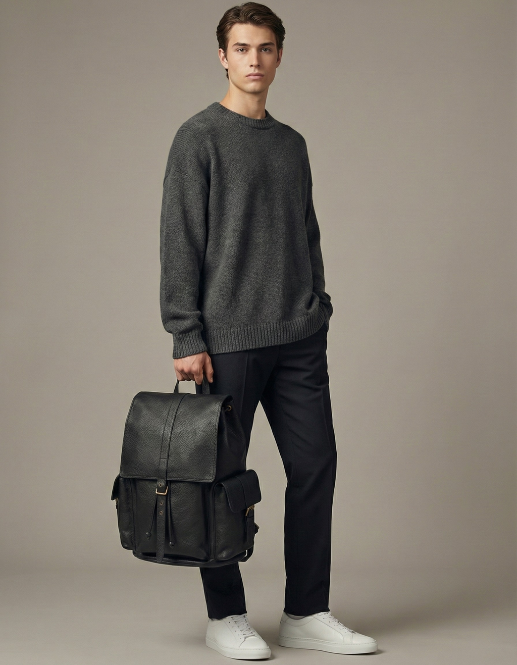 Unisex Black Genuine Leather Backpack with Front Pockets