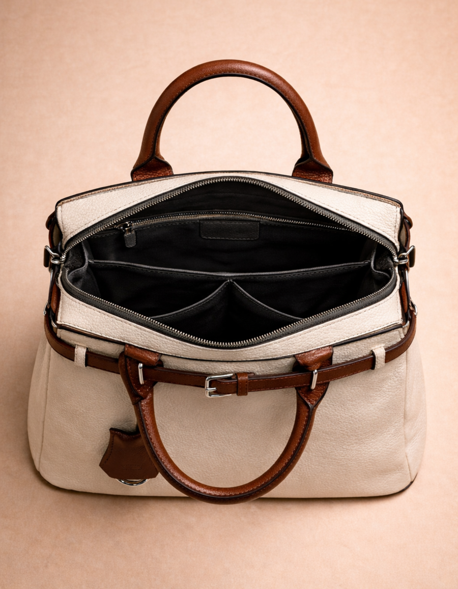 white and brown handbag