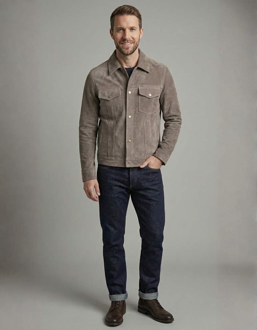 Premium Stone Grey Suede Leather Jacket for Men – Classic Trucker Style